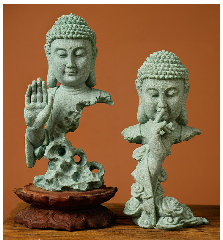 zensoullab Green Sandstone Imitation Stone Carving Buddha Statue Craft Ornament Creative Retro Desktop Buddhist Zen New Chinese Style Living Room Decoration
