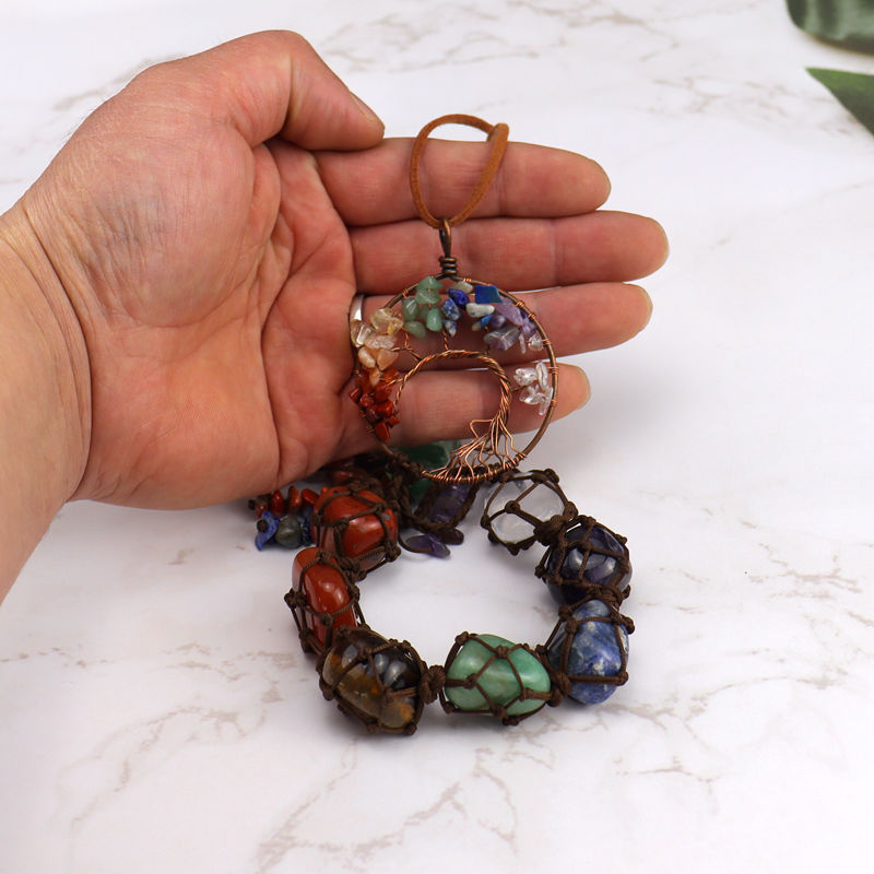 zensoullab7 Colorful Stone Seven Colors Crystal Raw Stone Hand-woven Pendant Natural Stone Tree of Life Car Hanging Dream Catcher Ornament