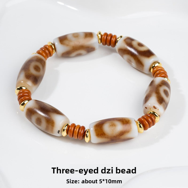 zensoullab Natural Three-Eyed Dzi Bead Agate Bracelet Fashion Versatile Unisex Couple Style Tiger Tooth Single Circle Bracelet In Stock