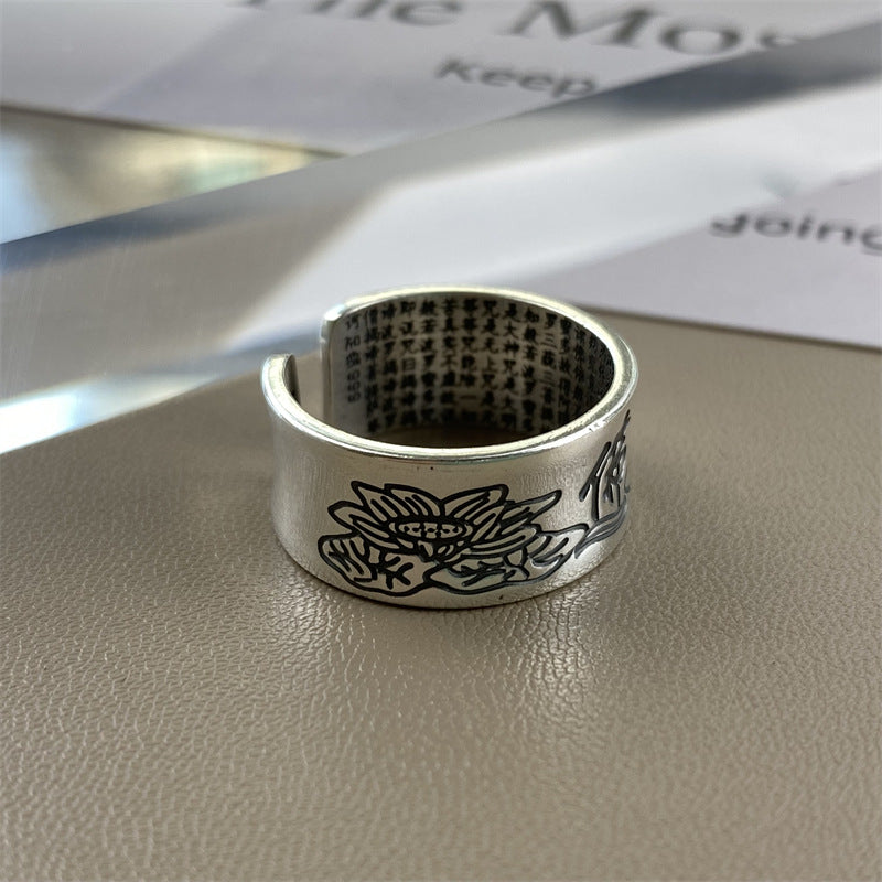 zensoullab Men's 999 Thai Silver Lotus Buddha Ring Pure Silver Heart Sutra Women's Couple Adjustable Open Design