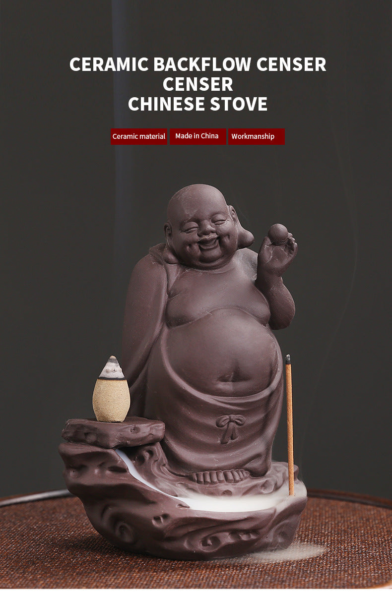 zensoullab New Purple Clay High Mountain Water Flow Backflow Waterfall Incense Burner Creative Maitreya Buddha Sandalwood Backflow Incense Burner Ornament