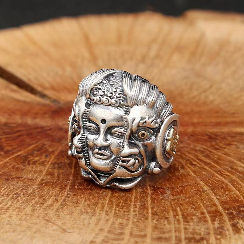Zensoullab Men's Domineering Buddha Magic a Flash of Thought Buddha Magic Open Ring Vintage Thai Silver Niche Punk Ring