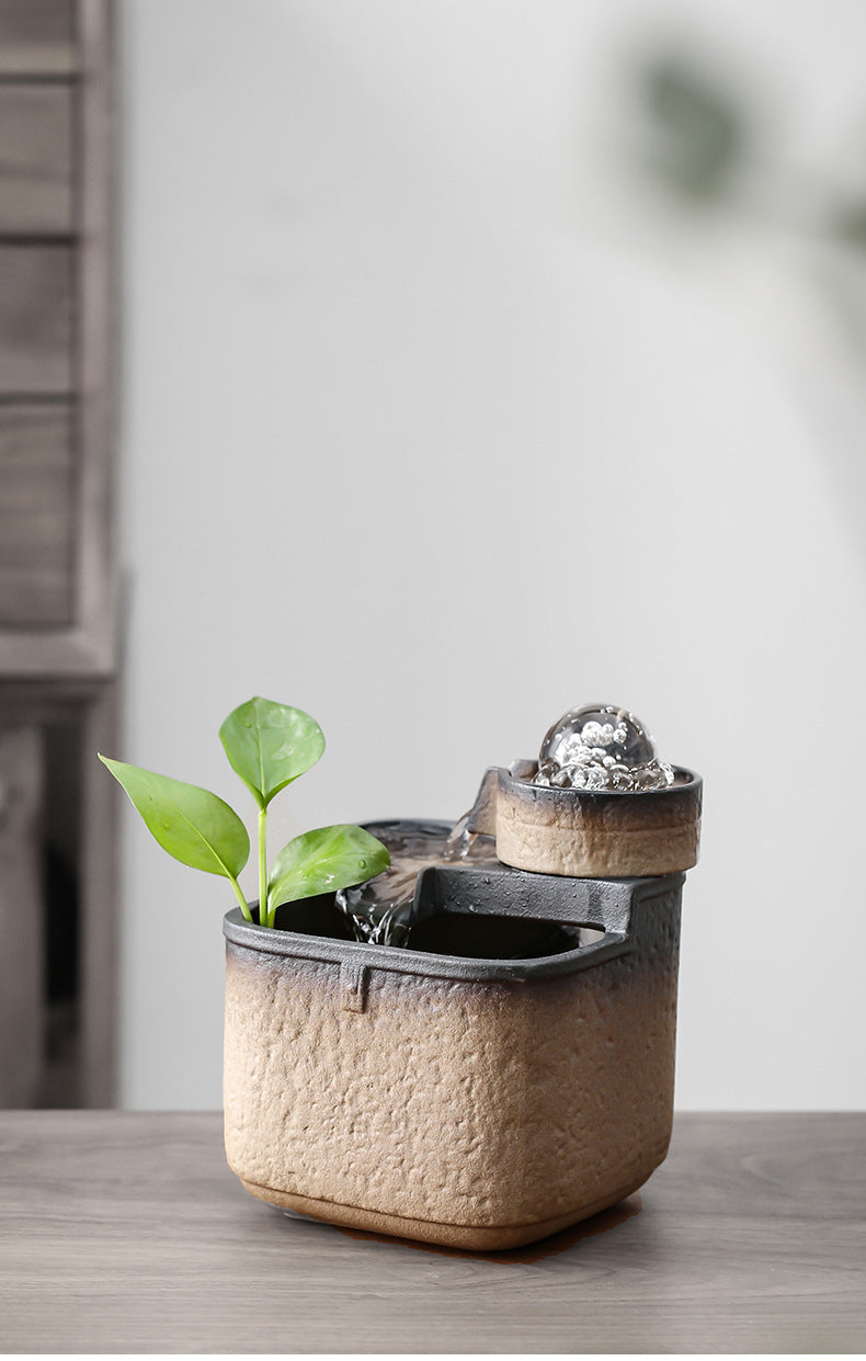 zensoullab Square Pool Desktop Ceramic Flowing Water Ornament Wealth Feng Shui Wheel Fountain Modern Tea Table Tea Desk Circulating Fortune Ball Water Feature