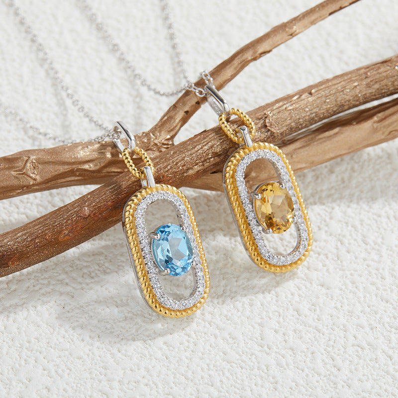 zensoullab French Retro S925 Sterling Silver Inlaid Natural Gemstone Yellow Crystal Topaz Pendant Necklace for Women Hot-Selling Jewelry