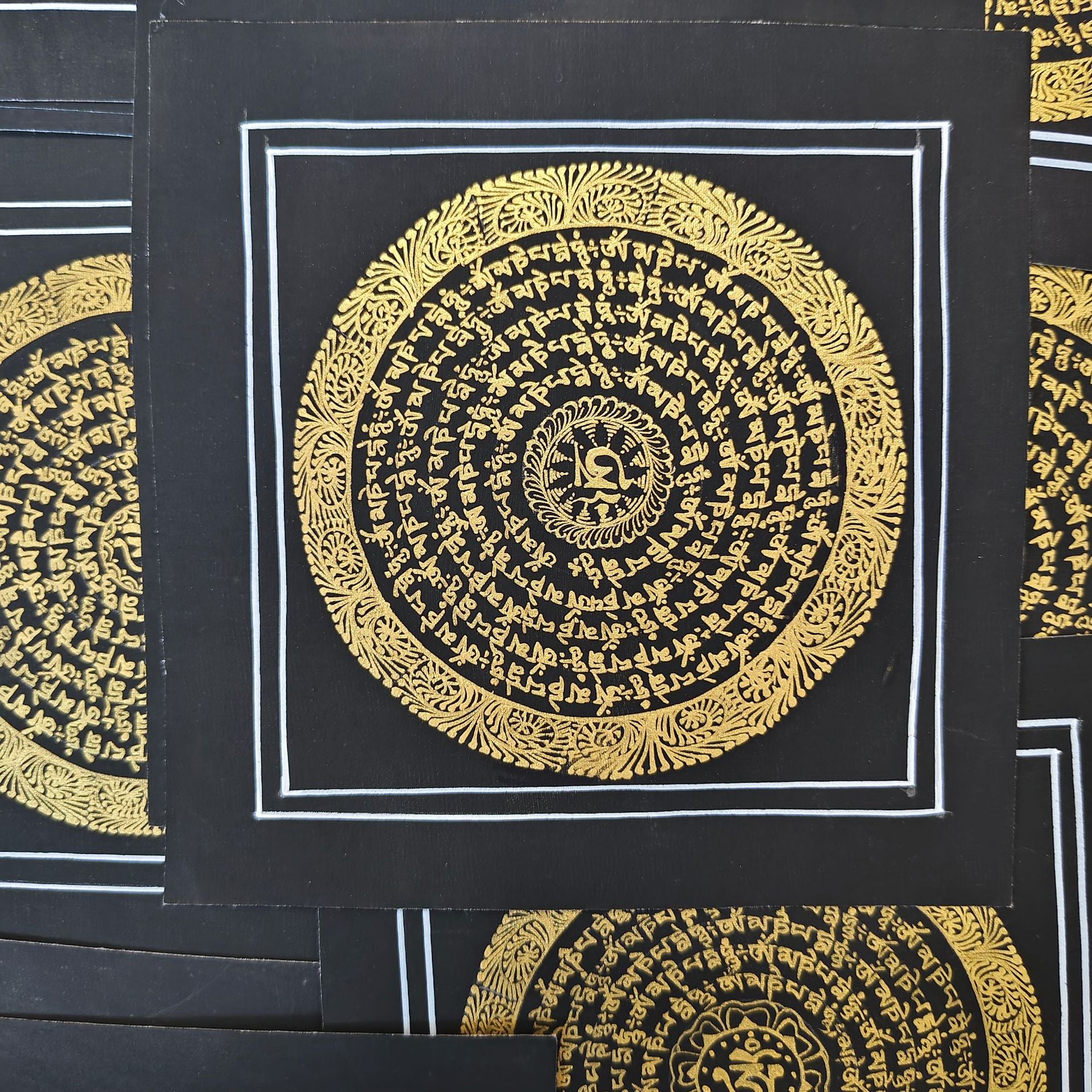 zensoullab Nepal Hand-painted Black Gold Sutra Thangka Tibetan Six-word Mantra Mandala Entrance Living Room Decorative Hanging Painting