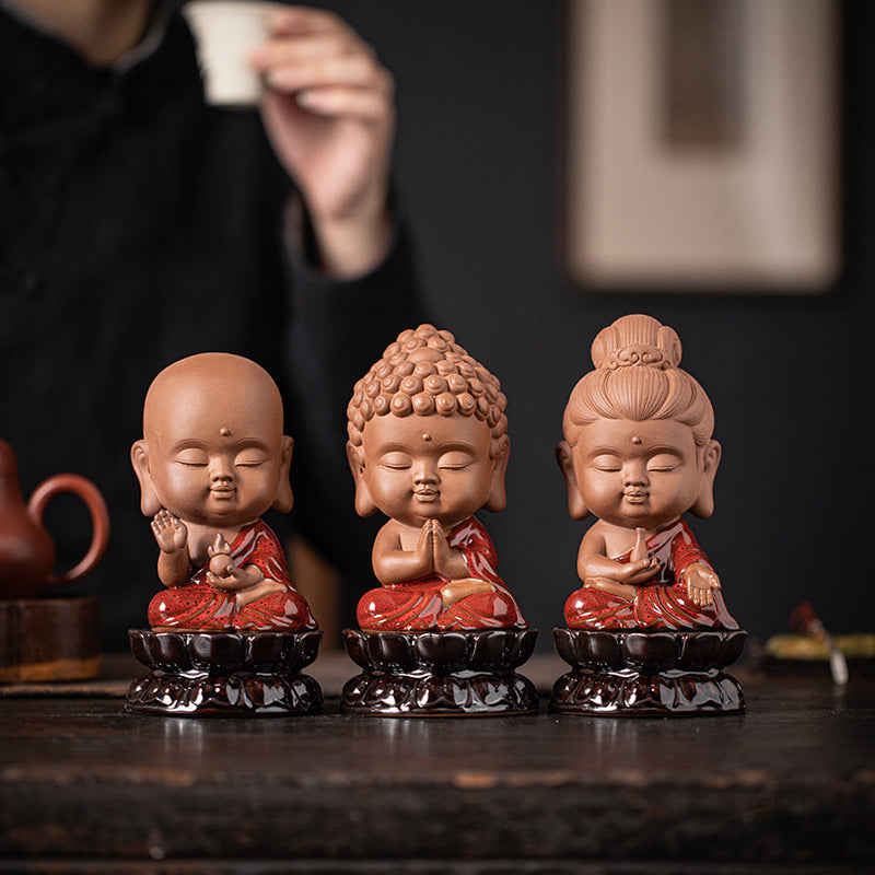 zensoullab Zen Chinese Style Saha Three Saints Desktop Ornament Creative Home Ceramic Buddhist Living Room Entrance Display Shelf Decoration