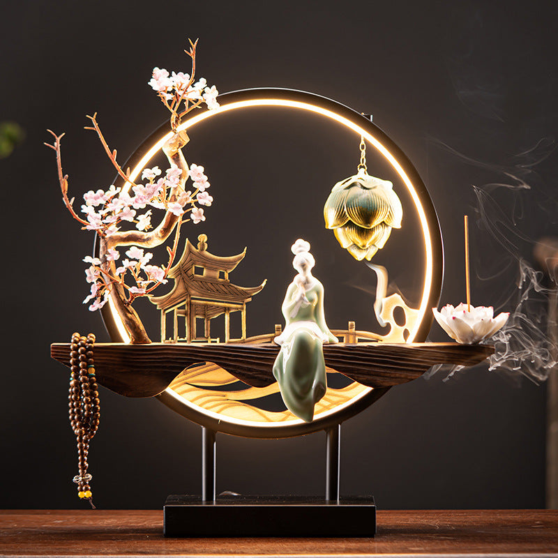 Zensoullab New Chinese Style LED Lamp Ring Creative Backflow Incense Burner Zen Ornament Home Living Room Hallway Decoration Incense Burner Furnishings