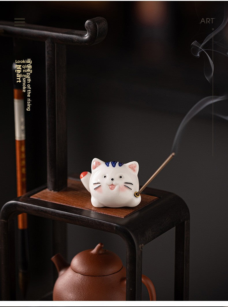 zensoullab Creative Ceramic Cute Little Cat Incense Holder Base Incense Tray Tea Room Tea Table Small Incense Burner Ornament Incense Burner