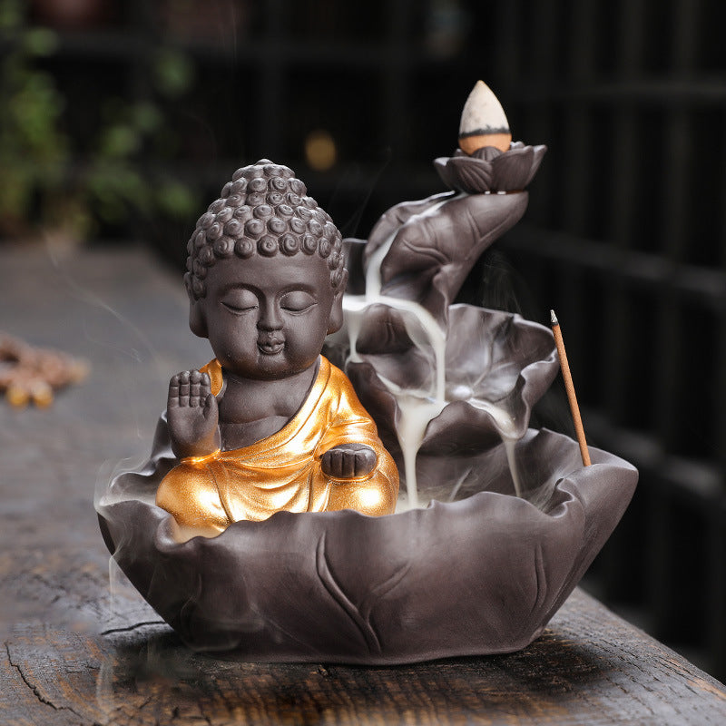 zensoullab Purple Clay Ceramic Backflow Incense Burner Crafts Creative Lotus Leaf Buddha Statue Small Novice Incense Burner Ornament