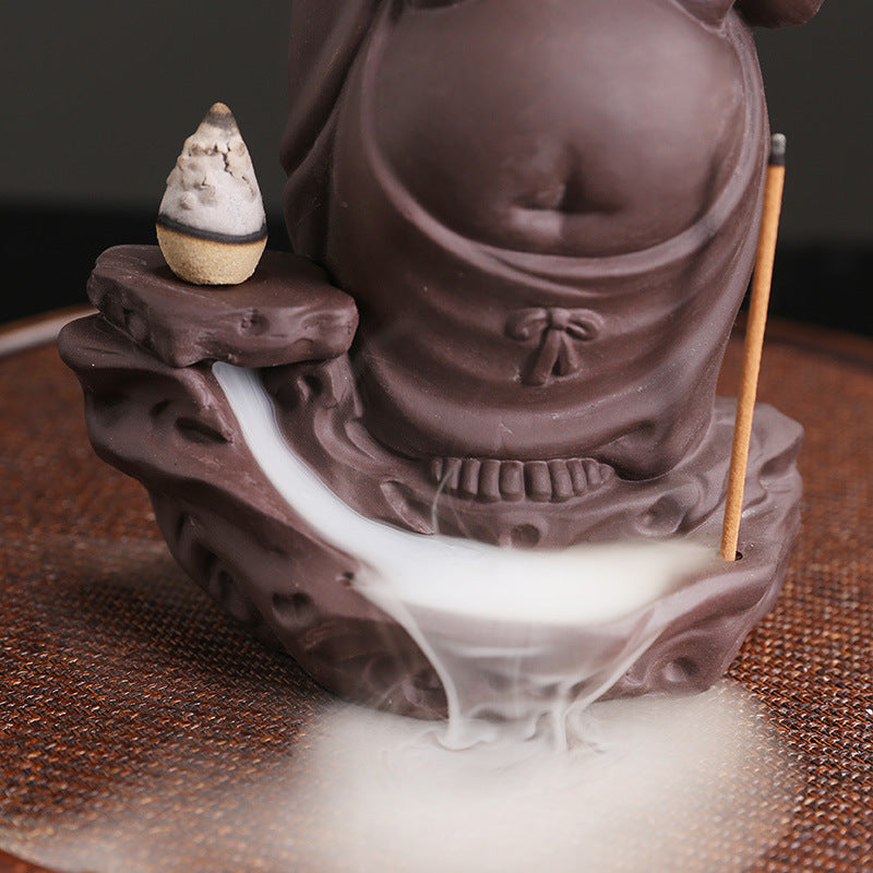 zensoullab New Purple Clay High Mountain Water Flow Backflow Waterfall Incense Burner Creative Maitreya Buddha Sandalwood Backflow Incense Burner Ornament