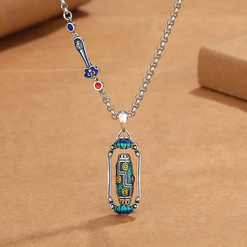 zensoullab Vintage Ethnic Landscape Thai Blue Enamel Nine-Eyed Dzi Bead Lotus Prayer Wheel Necklace for Women Exquisite Versatile Creative Jewelry