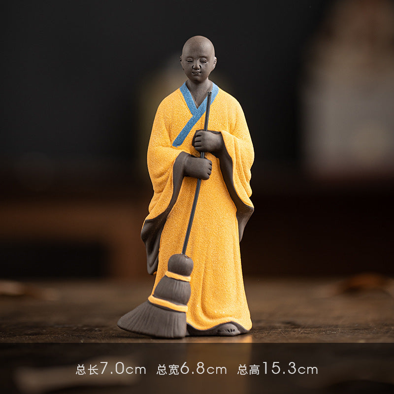 zensoullab Creative Ceramic Figure Sweeping Monk Zen Little Monk Ornament Home Living Room Curio Shelf Tea Room Bonsai Decoration