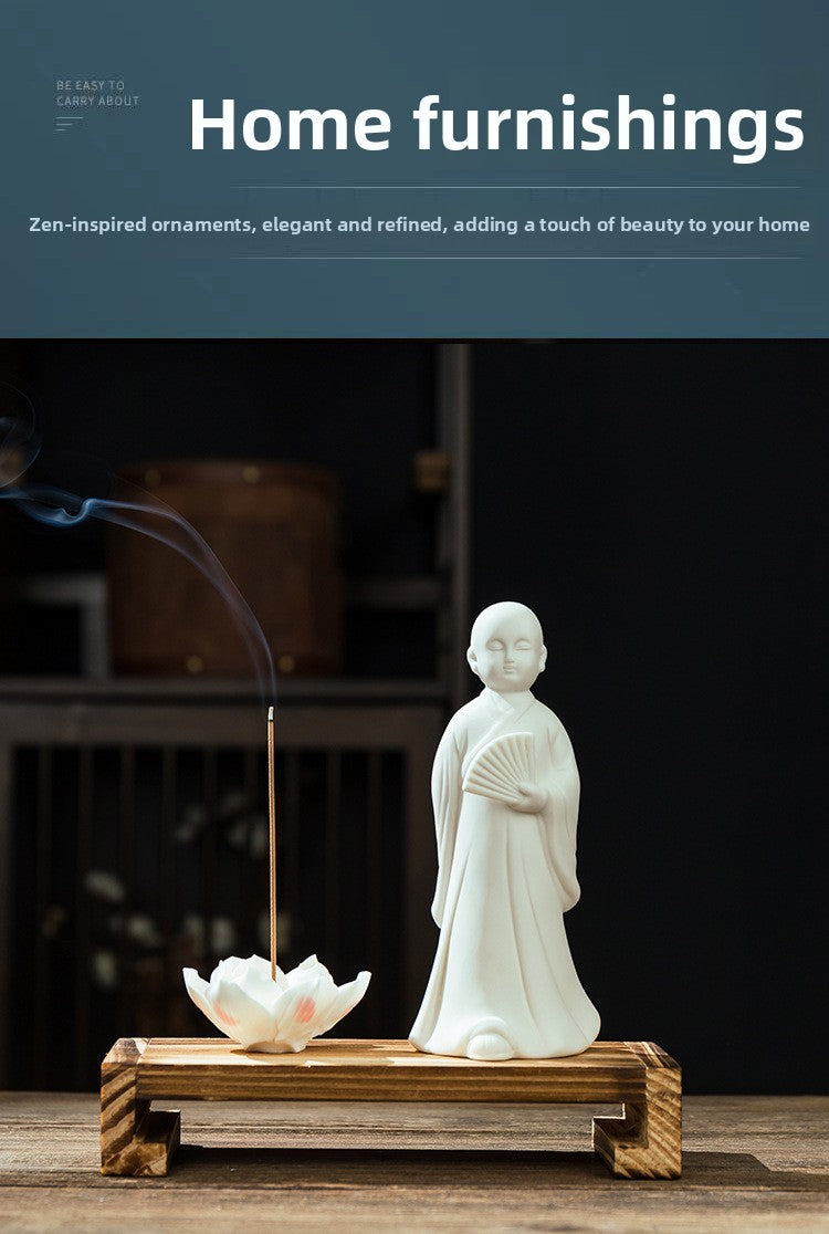 zensoullab Zen Ceramic Little Monk Figurine White Porcelain Little Novice Creative Chinese Style Living Room Entrance Tea Table Incense Home Decor