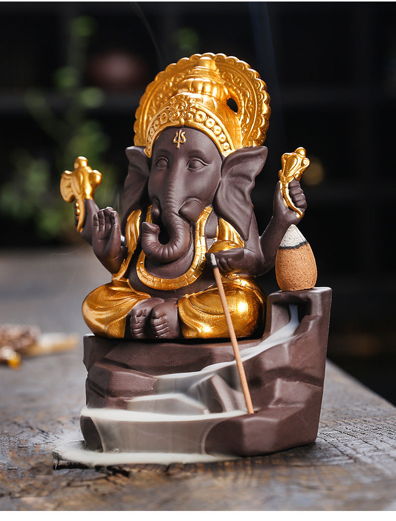 zensoullab Purple Clay Sandalwood Incense Burner Home Decor Creative Gold-Plated Ganesha Mountain Water Backflow Incense Burner Craft