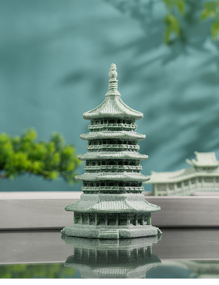 zensoullab Green Sandstone Lei Feng Pagoda Ornament Rockery Fish Tank Micro Landscape Aquascape Bonsai Flowing Water Decoration Ancient Style Home Decor