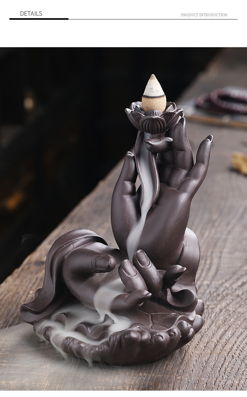 Purple Clay Backflow Incense Burner Indoor Home Incense Burner Creative Large Buddha Hand Backflow Aromatherapy Burner Gift Ornament