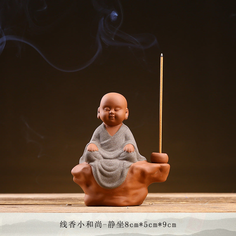 zensoullab Zen Purple Clay Little Monk Incense Holder Ornament for Car, Home, Indoor Living Room, Tea Tabletop, Incense Ceremony, Incense Seat, Incense Burner