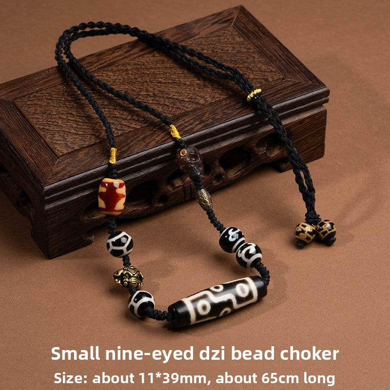 zensoullab Tibetan Nine-Eyed Dzi Bead Necklace with Layered Patina Multi-Totem Agate Pendant Couple Style Woven Necklace