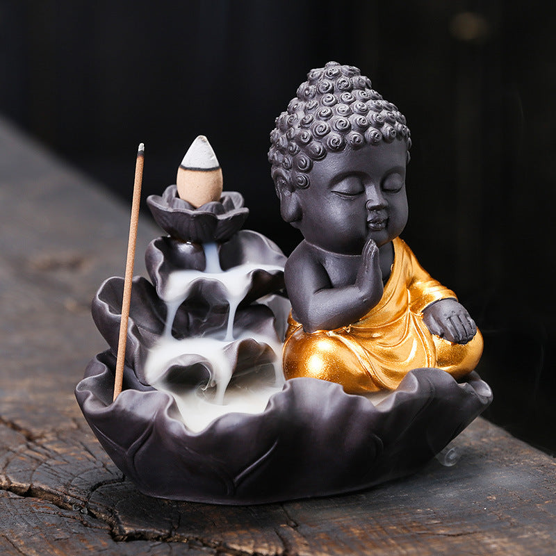 zensoullab Purple Clay Lotus Leaf Backflow Incense Burner Home Decor Creative Lotus Gold-Plated Buddha Incense Backflow Burner