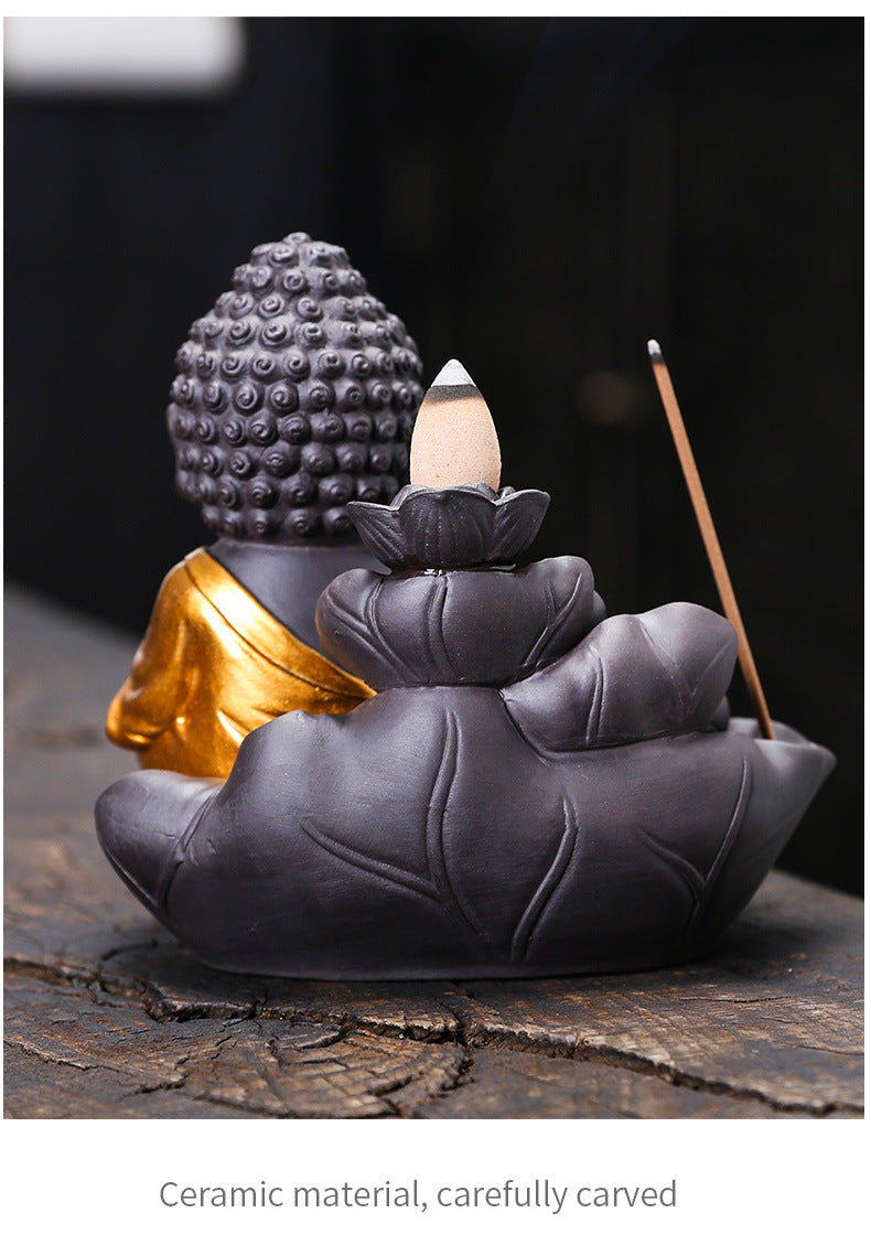 zensoullab Purple Clay Lotus Leaf Backflow Incense Burner Home Decor Creative Lotus Gold-Plated Buddha Incense Backflow Burner