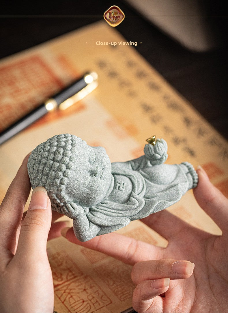Zensoullab Green Sand Creative Cute Line Incense Burner Tea Ornaments Creative Sleeping Buddha Lotus Incense Stick Green Sand Stone Decoration Home Desktop Decoration