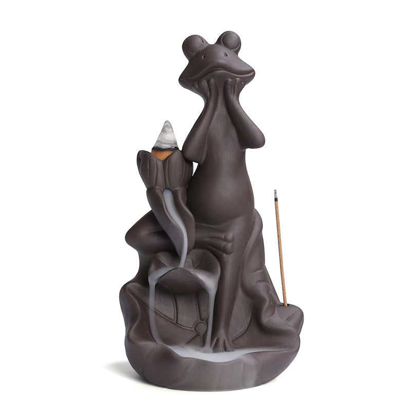 zensoullab Purple Clay Lotus Leaf Backflow Incense Burner Craft Ornament Creative Frog Lotus Backflow Incense Burner Home Decor