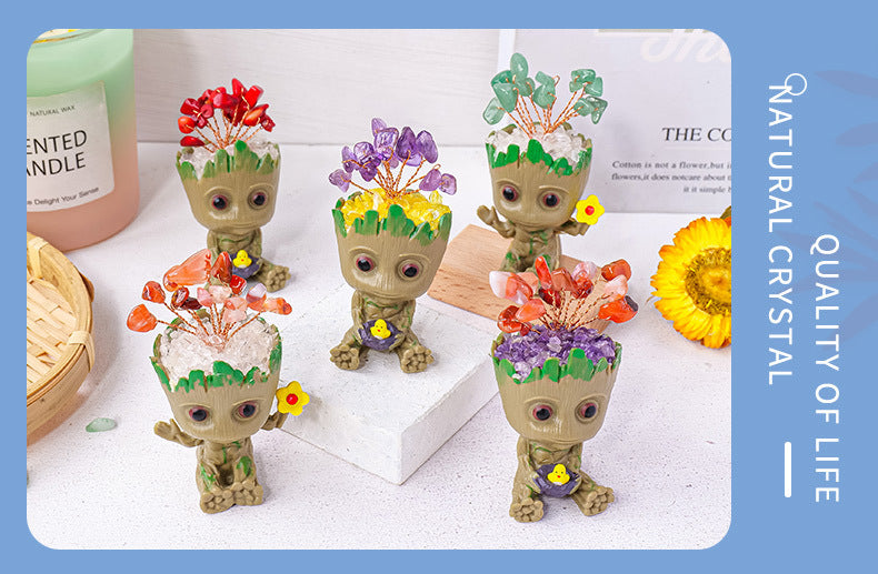 zensoullab Natural Crystal Gravel Small Flower Tree Groot Figurine Crystal Craft Tree Man Figurine Desktop Ornament