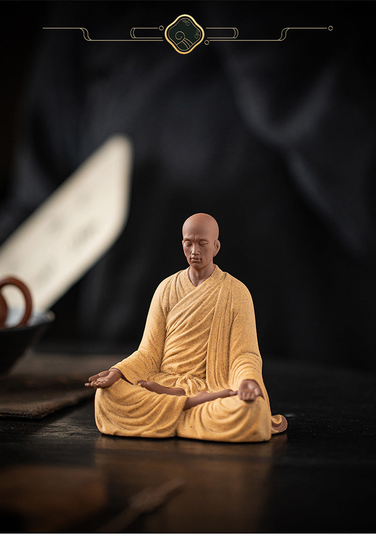 zensoullab Dust-Free Zen Little Monk Purple Clay Figurine Ceramic Figure Ancient Style Tea Room Display Stand Desktop Decoration