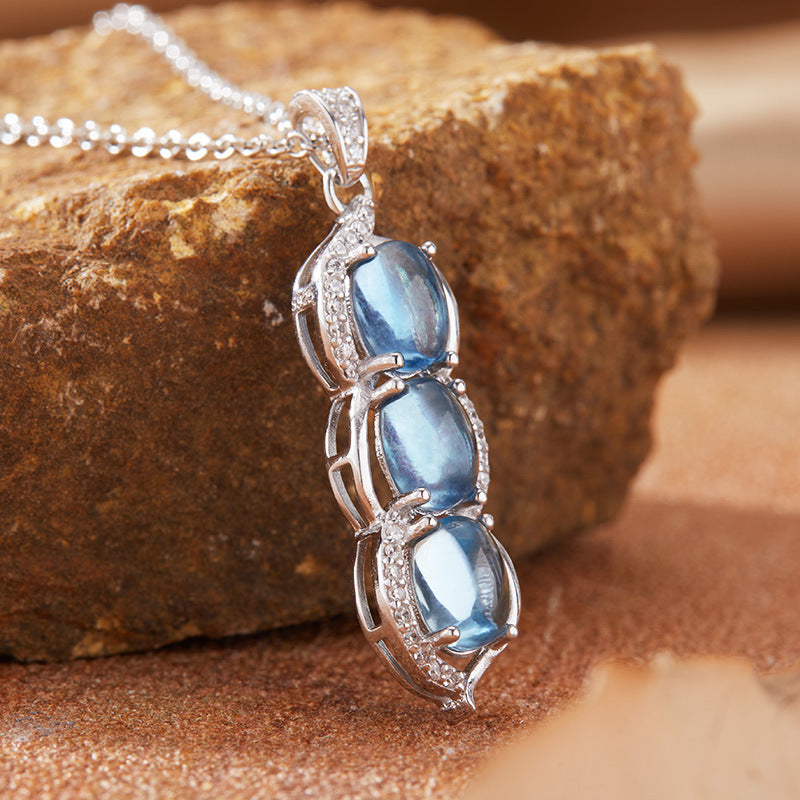 zensoullab Natural Gemstone Aquamarine Pendant Necklace for Women S925 Sterling Silver Inlaid Clavicle Chain
