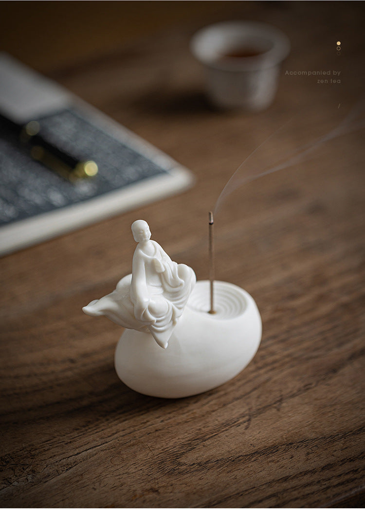 zensoullab Premium White Porcelain Incense Burner Little Monk Incense Holder Home Indoor Zen Style Formless Buddha Ornament Sandalwood Agarwood Aromatherapy Burner
