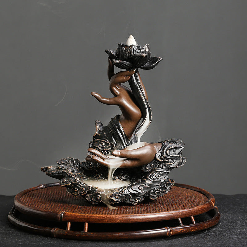 Resin Backflow Incense Burner Ornament Creative Lotus Zen Buddha Hand Backflow Incense Home Craft Decoration