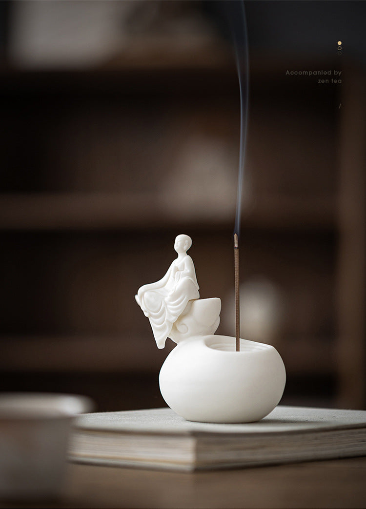 zensoullab Premium White Porcelain Incense Burner Little Monk Incense Holder Home Indoor Zen Style Formless Buddha Ornament Sandalwood Agarwood Aromatherapy Burner