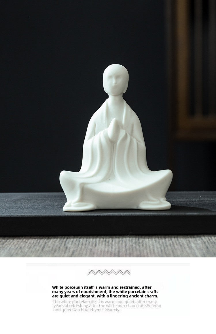 zensoullab Zen Ceramic Formless Buddha Chinese Style Living Room Tea Room Desktop Ornament White Porcelain Little Monk Fish Tank Bonsai Decoration Figurine