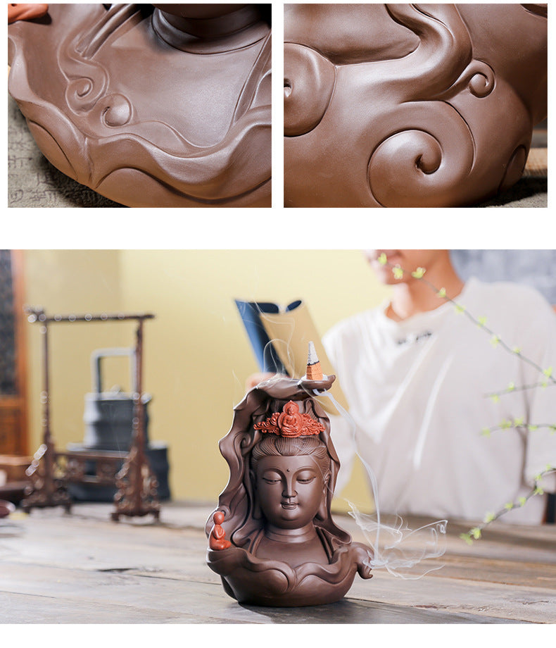 zensoullab Premium Large Ceramic Guanyin Buddha Statue Feng Shui Worship Buddha Hall Living Room Backflow Incense Burner Home Decor Ornament