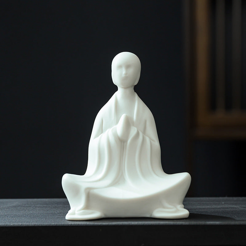 zensoullab Zen Ceramic Formless Buddha Chinese Style Living Room Tea Room Desktop Ornament White Porcelain Little Monk Fish Tank Bonsai Decoration Figurine