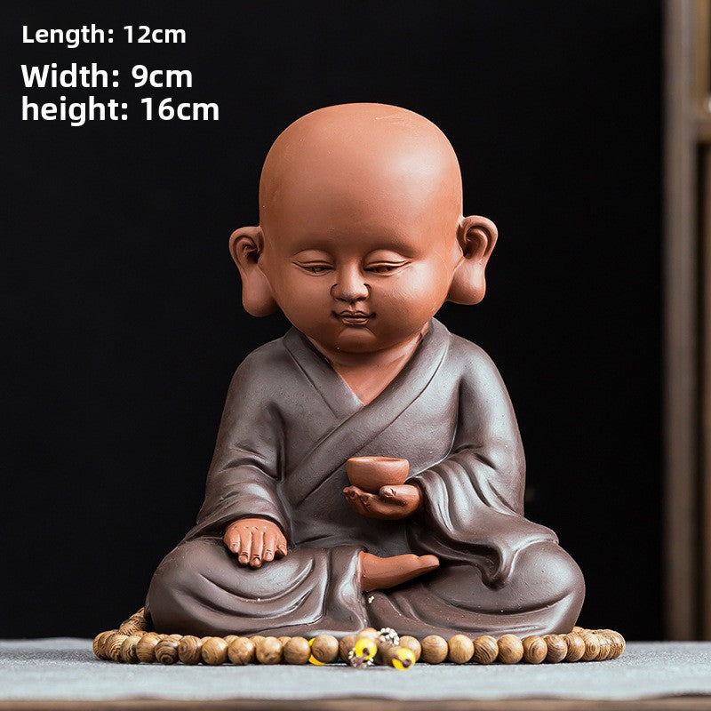 zensoullab Premium Large Ceramic Little Monk Figurine Purple Clay Figure Chinese Style Living Room Entrance Tea Room Zen Little Novice Decoration