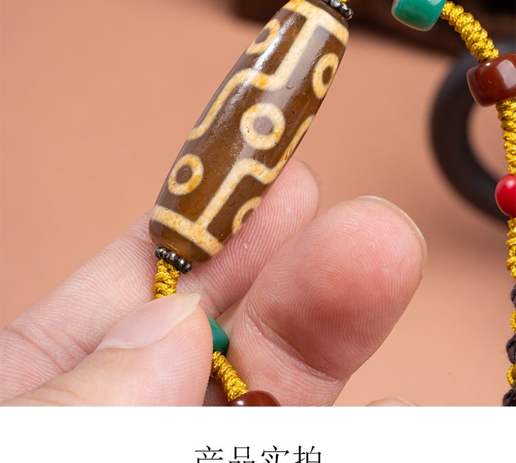 zensoullab Natural Yellow Nine-Eye Dzi Bead Necklace Taiwan Work Agate Pendant Unisex Couple Style Braided Necklace