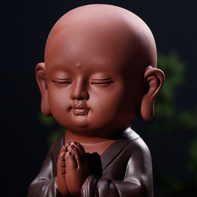 zensoullab Zen Purple Clay Blessing Little Monk Home Decor Chinese Style Entrance Living Room Buddha Hall Large Small Novice Figurine