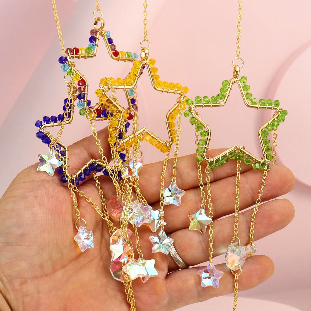 zensoullab Handmade Silk-wrapped Moon Star Crystal Sun Catcher Curtain Hanging Ornament Garden Decoration