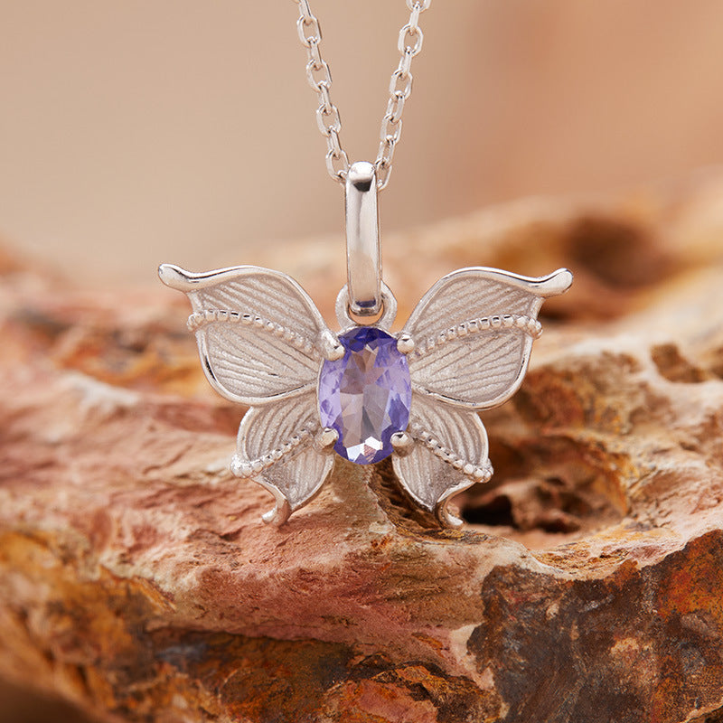zensoullab Butterfly Style Gemstone Necklace Women's Jewelry Set S925 Sterling Silver Inlaid with Natural Sapphire Tanzanite