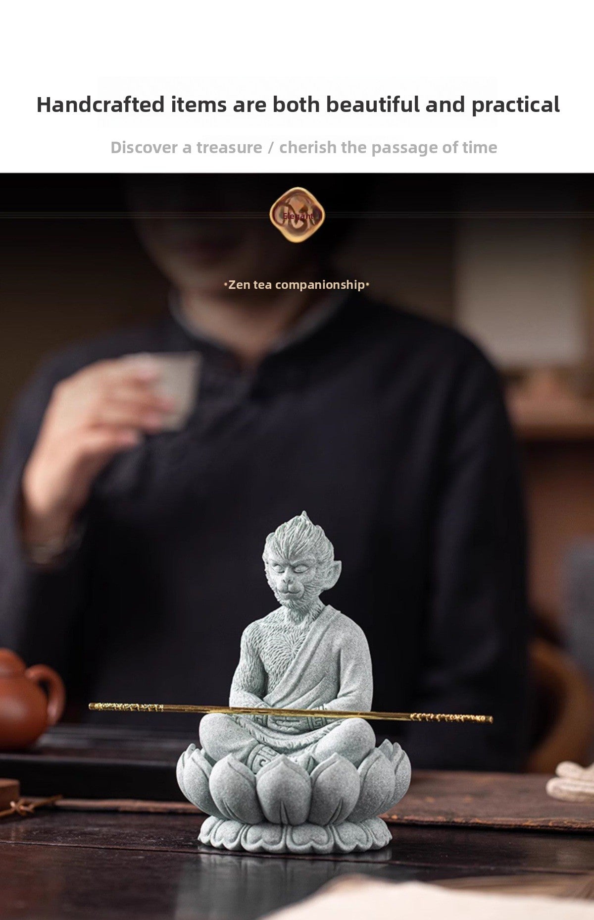 zensoullab Zen Style Chinese Green Sandstone Zen Sitting Monkey King Desktop Ornament Creative Living Room Fish Tank Landscaping Decoration