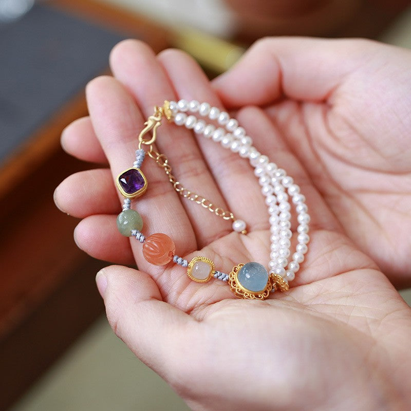 zensoullab Multi-Gem Braided Bracelet Half Pearl Multi-Gem Bracelet Aquamarine Amethyst South Red Lotus Accessories Jewelry Bracelet
