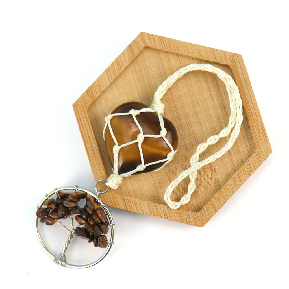 zensoullab Natural Crystal Heart-shaped Woven Net Bag Tree of Life Pendant Car Hanging Bag Accessories