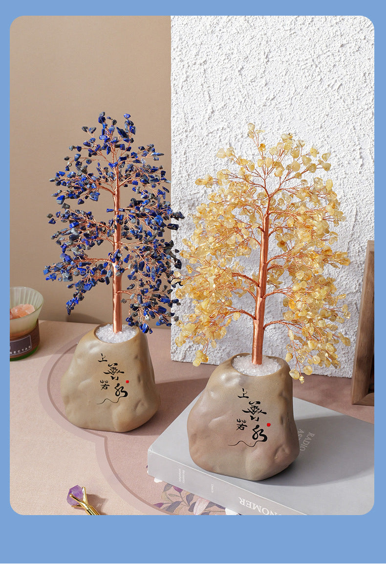 zensoullab Natural Yellow Crystal Crushed Stone Money Tree Hand-woven Copper Wire Home Office Opening Housewarming Wealth Tree Gift Ornament