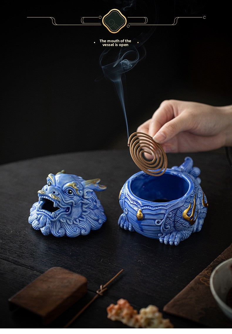 Zensoullab Creative Ceramic KIRIN Incense Coil Burner Home Indoor Auspicious Beast Incense Burner Sandalwood Agarwood Point Incense Box Desktop Incense Ceremony Decoration