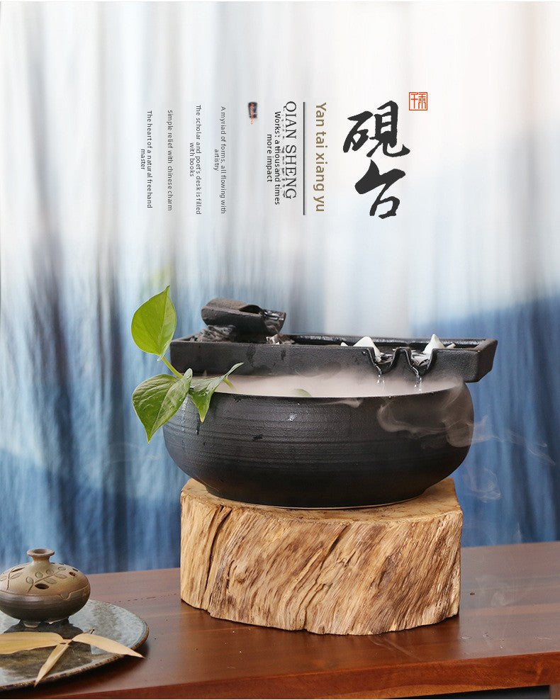 zensoullab Ceramic Water Flowing Tabletop Ornament Wealth-Attracting Desktop Tea Table Fountain Waterwheel Circulating Water Device Zen Small Gift