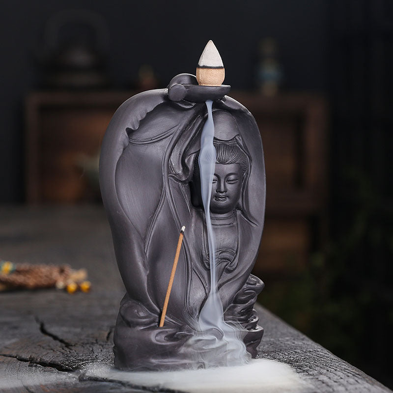 zensoullab Purple Clay Backflow Incense Burner Creative Bodhi Leaf Tathagata Guanyin Buddha Statue Backflow Incense Aromatherapy Burner Home Decor
