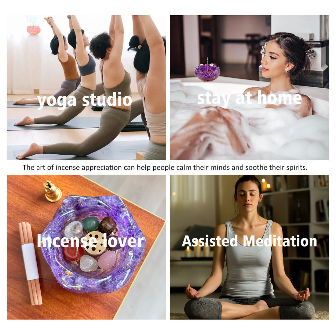 zensoullab Natural Amethyst Crushed Stone Lotus Bowl Incense Holder Set Box Demagnetization Meditation Yoga Incense Burner Incense Holder Base