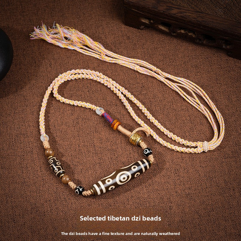 zensoullab Natural Tibetan Style Yellow Nine-Eyed Dzi Bead Necklace Multi-Totem Agate Pendant Couple Style Woven Necklace In Stock