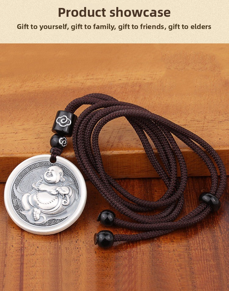 zensoullab Vintage Maitreya Buddha Pendant Thai Silver Solid Vintage Unisex Round Pendant Auspicious Big Belly Buddha Male Small Buddha Pendant